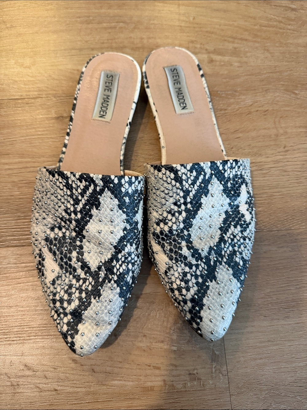 Steve Madden Snake-Print Pointed Mules in Black and White